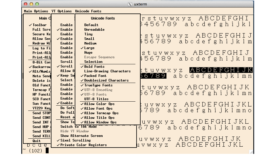 XTerm – showing all menus on Unicode demo